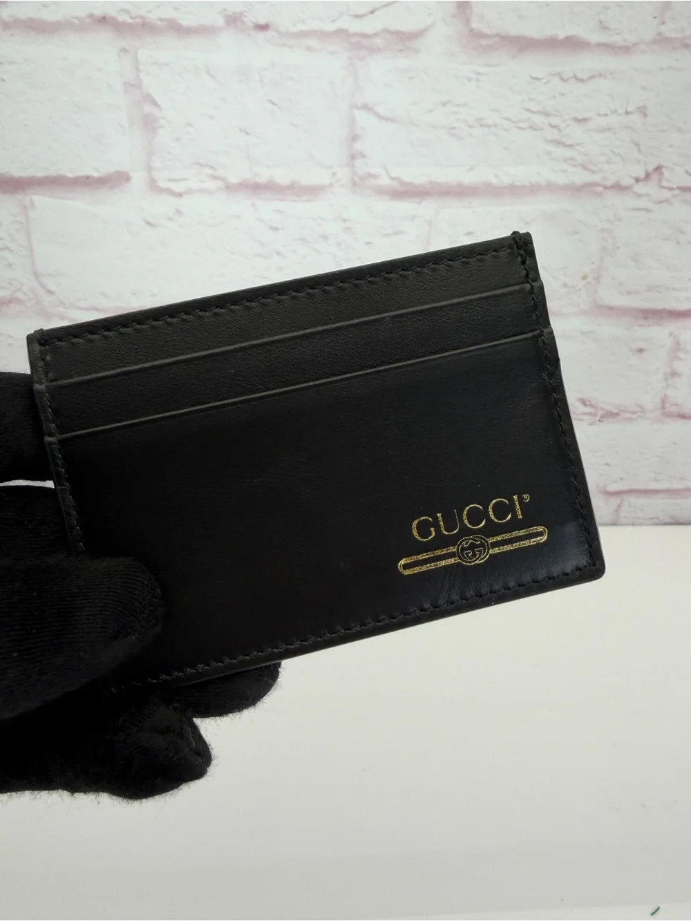 Gucci Black Leather Card Holder Gold Logo